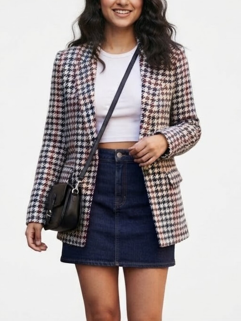 Zara TRF Multicolored Houndstooth Wool-Blend Tailored Blazer Chic Jacket S/M